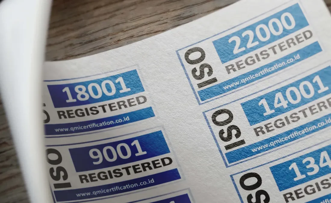 ISO certification labels on paper