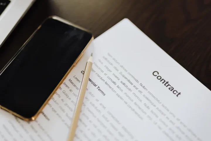Contract paper beside laptop and phone