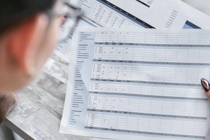 person reviewing a spreadsheet with multiple rows and columns