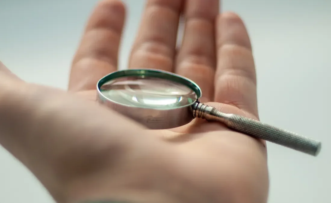 Magnifying glass in a hand, symbolizing scrutiny and verification