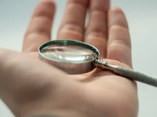 Magnifying glass in a hand, symbolizing scrutiny and verification
