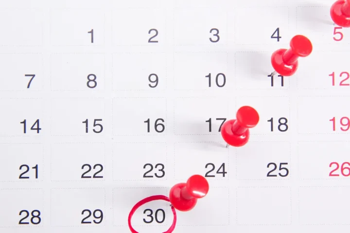 Monthly calendar with red pins marking important dates